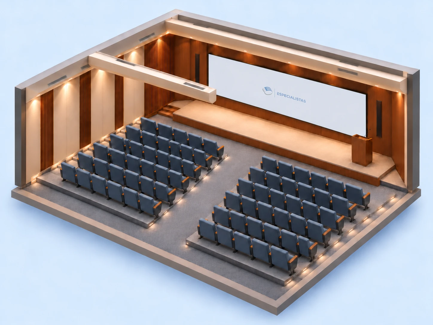 Conceito 3D de auditório com um LED contínuo e apenas a marca Os Especialistas discreta no centro, sem projetores.